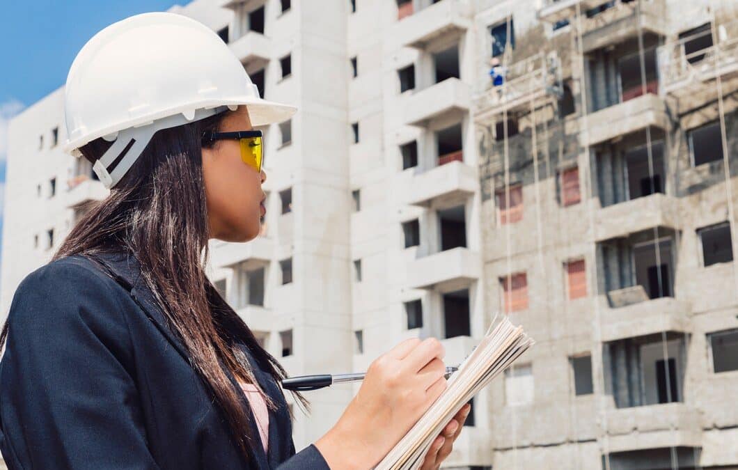 african american lady safety helmet writing notepad near building construction 23 2148039982
